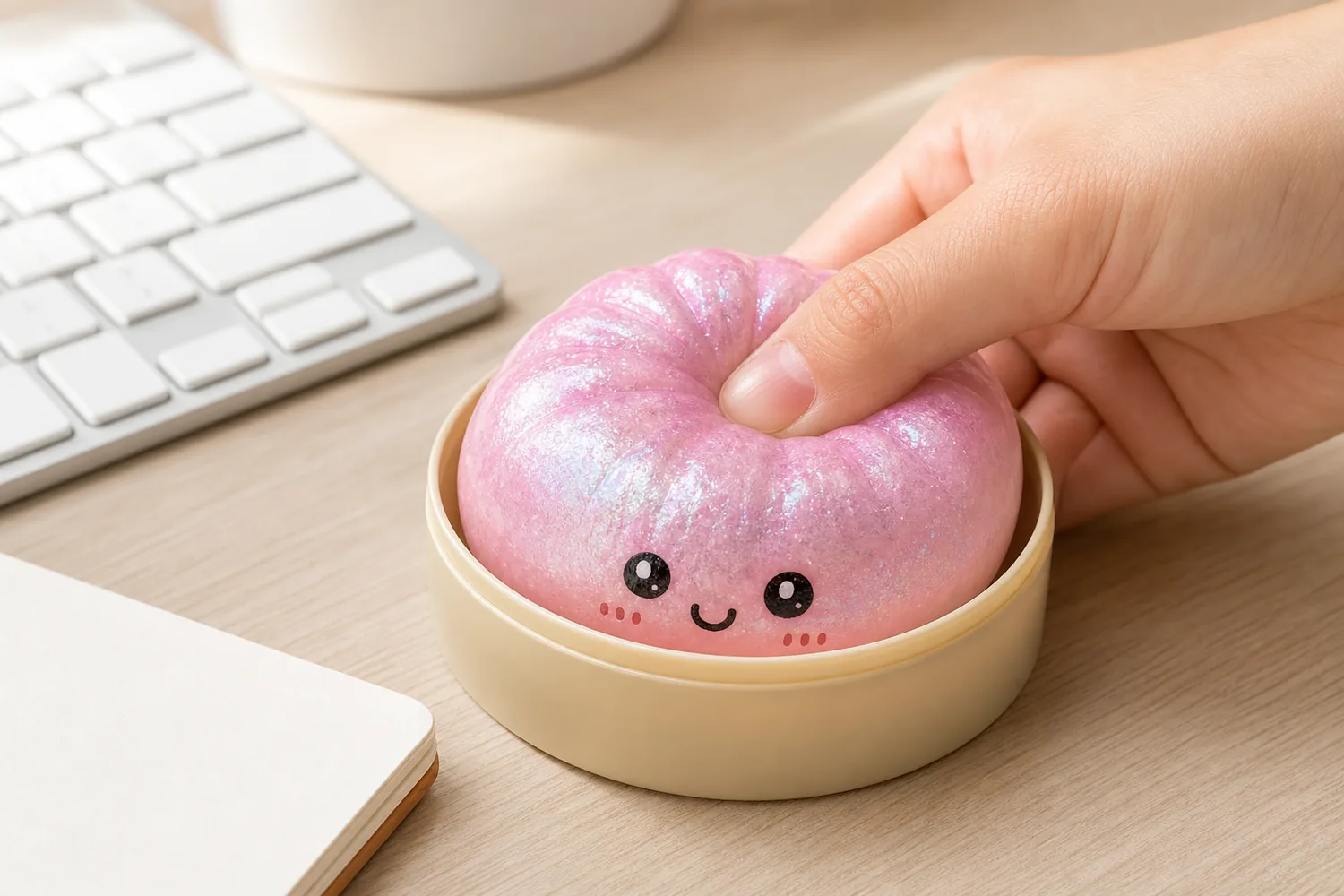 Cute bao-shaped squishy toy being squeezed beside a keyboard on a bright tidy desk