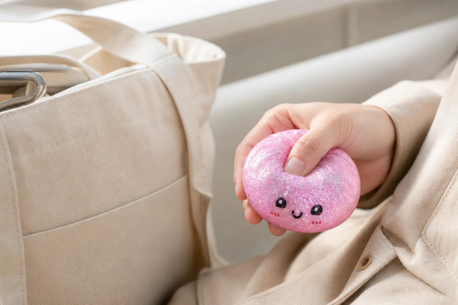 Bao-shaped squishy stress relief toy held beside a neutral commuter bag during a commute