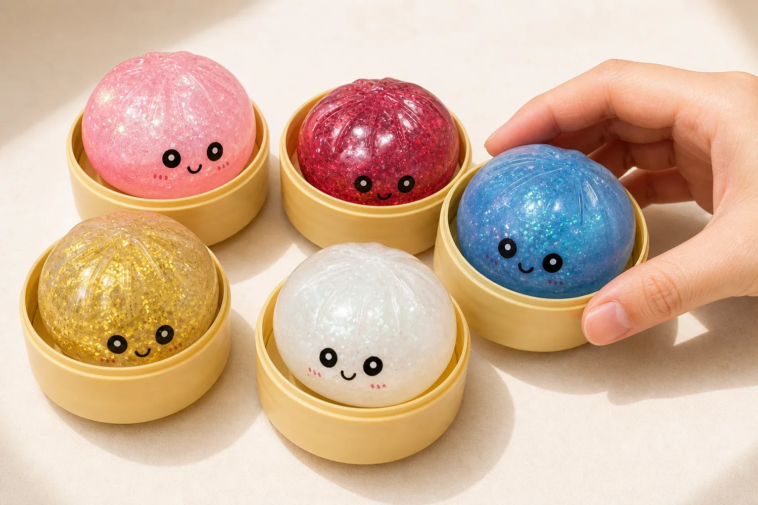 Vivid solid-colour bao-shaped squishy toys arranged on a bright tabletop for display or gifting