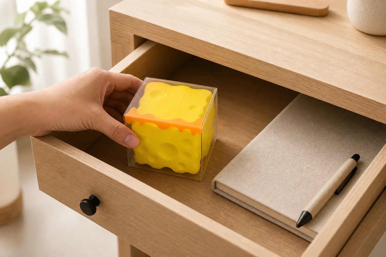 Hand placing a cheese-shaped stress relief squeeze toy into a tidy desk drawer